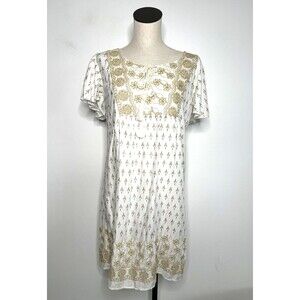 Lapogee Dress White Gold Shift BOHO Tassels Short Sleeves Size Small